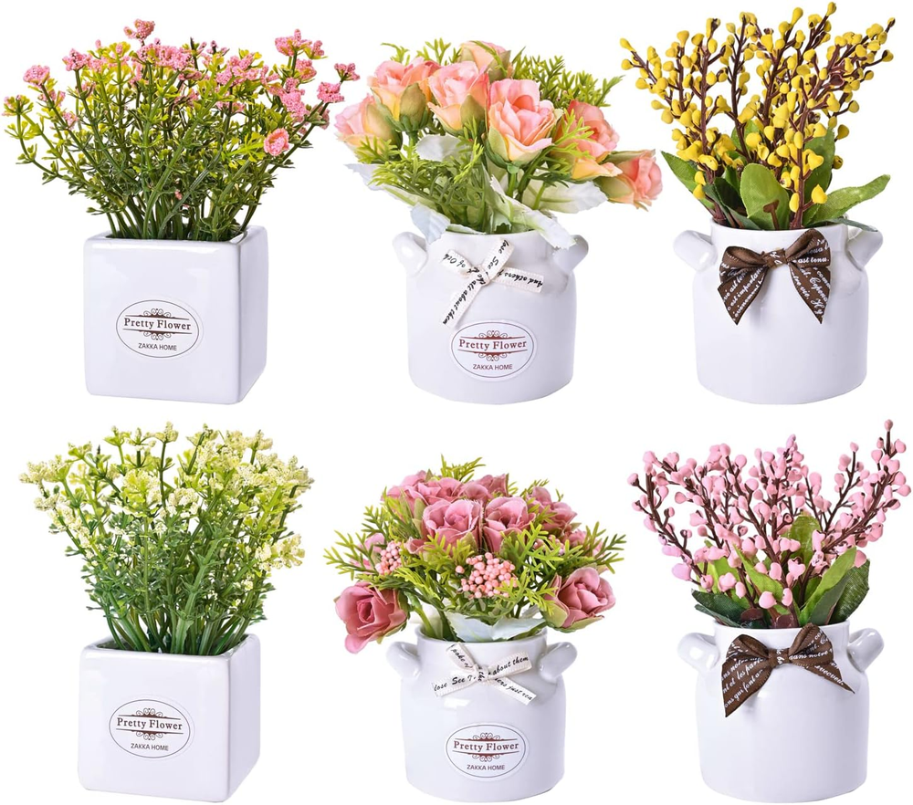 6Pcs Small Faux Floral Arrangement in Ceramic Pot for Home Decor
