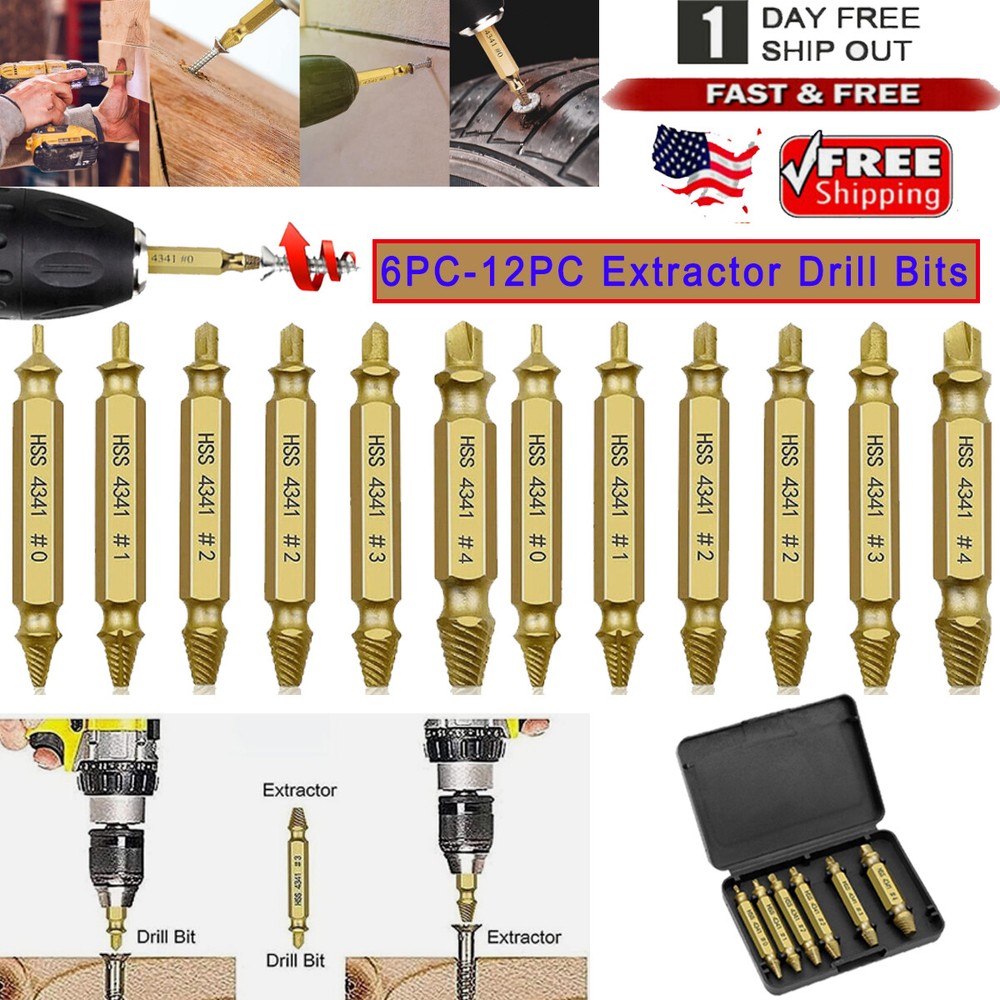 Damaged Stripped Screw Extractor Set with Drill Bits and Case