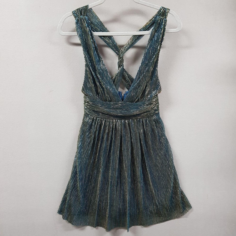 Lulus Ailey Skater Dress Teal Metallic Twist Back Plunge Womens XS