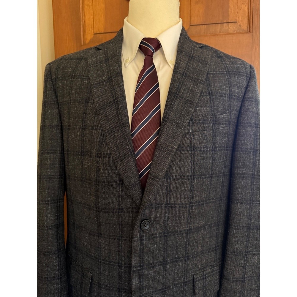 Jos. A. Bank Tailored Fit Sport Coat Mens 42L Gray Windowpane Wool Silk Linen