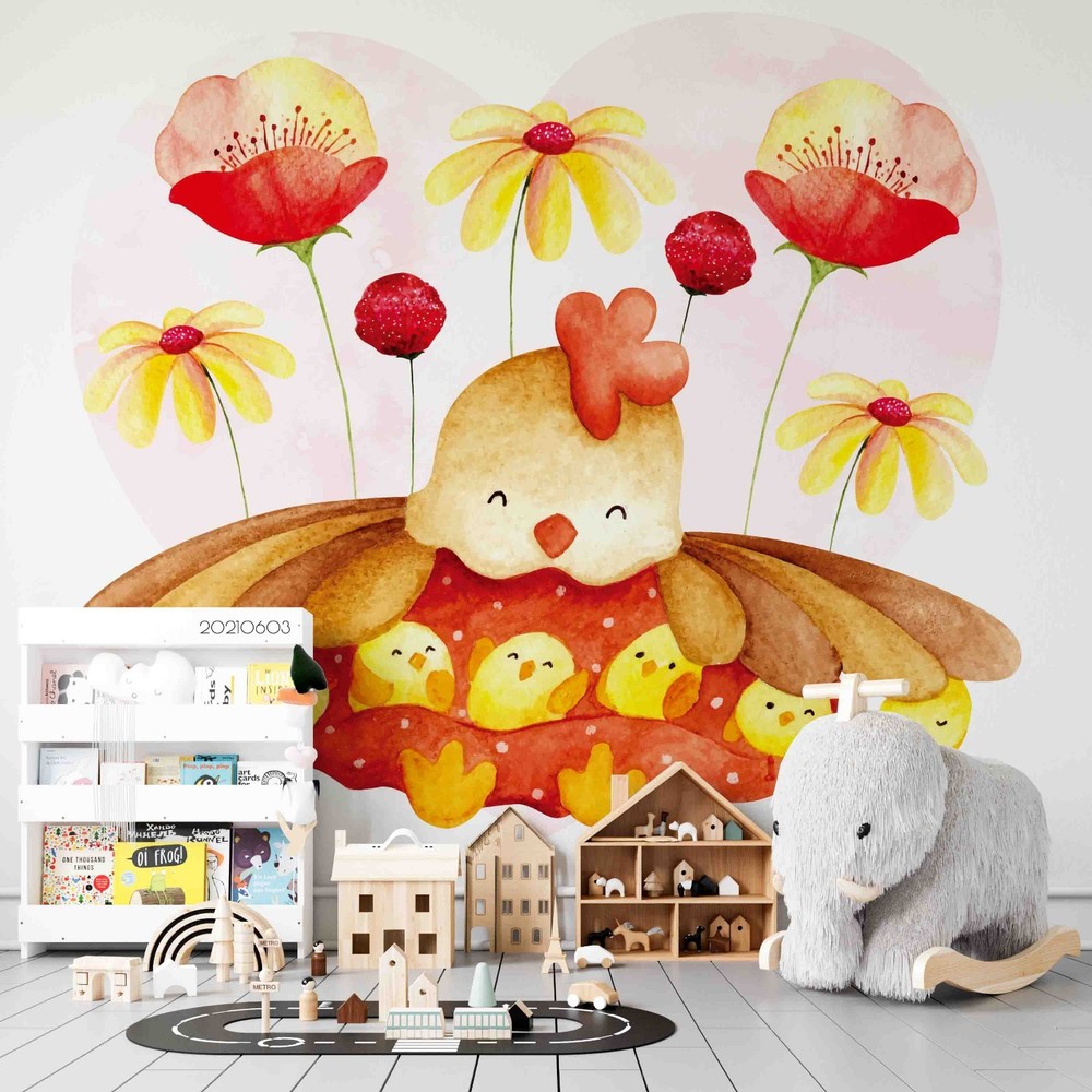 3D Chicken Flowers Watercolor Wall Murals Wallpaper Murals Wall Sticker