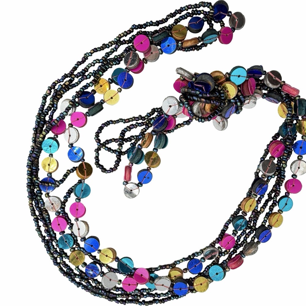 Vintage Colorful Beaded Sequin Knot Necklace Long Multi Strand Boho Statement
