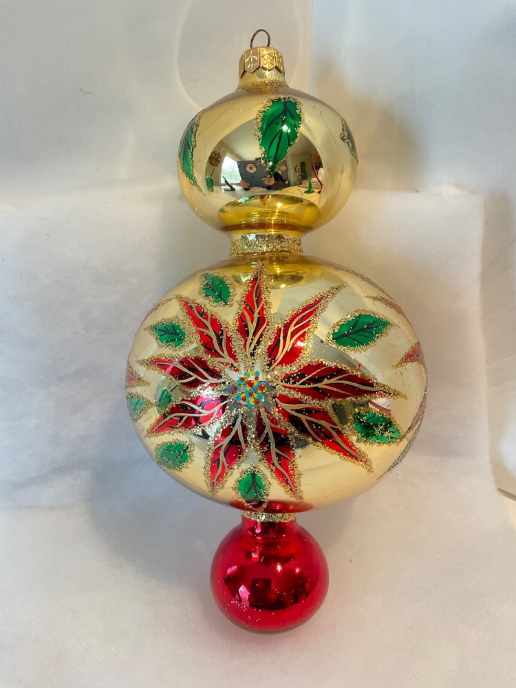 Vintage Mercury Glass Christmas Ornament Triple Ball Drop Gold Poinsettia
