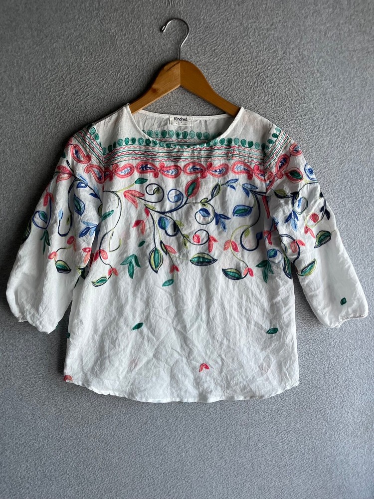 Boho Floral Embroidered Peasant Blouse for Women Small Hippie Festival Top
