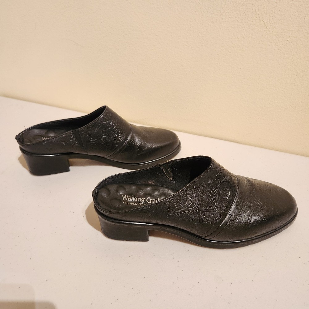 Walking Cradle Sz 7.5 Black Leather Womens Slip on Mule Booties Comfort Shoes