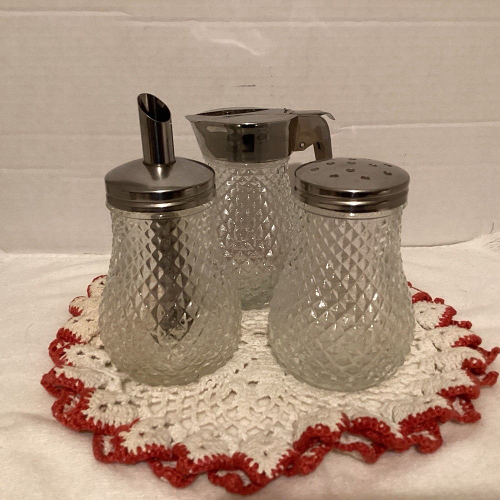 Diamond Point Grace Cut Clear Glass Sugar, Syrup, Creamer Dispensers.
