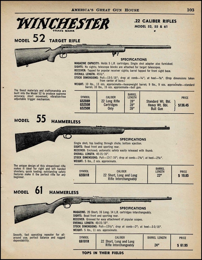 1961 WINCHESTER 52 Target, 55 and 61 Hammerless Rifle PRINT AD