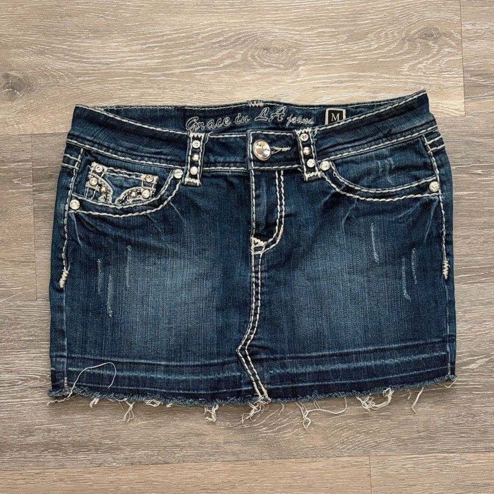 Grace in LA Dark Indigo Denim Mini Skirt with Rhinestone Trim