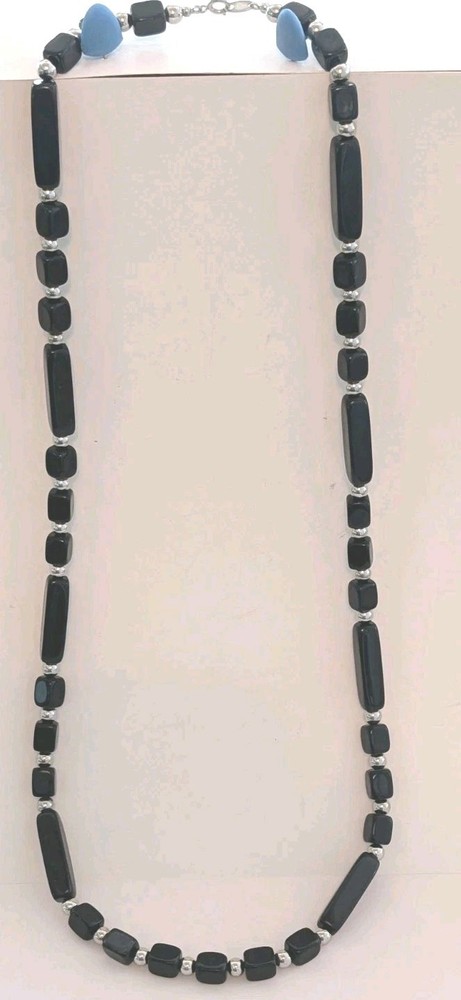 Vintage Trifari Silver Tone and Black Lucite Oblong Beaded Necklace Long