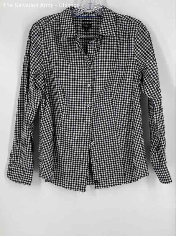 Talbots Womens Black White Plaid Wrinkle Resistant Button-Up Shirt Size 8P
