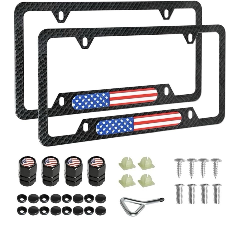 1 or 2x patriotic  Carbon Fiber License Plate Frame Car Tag Mounting Kit