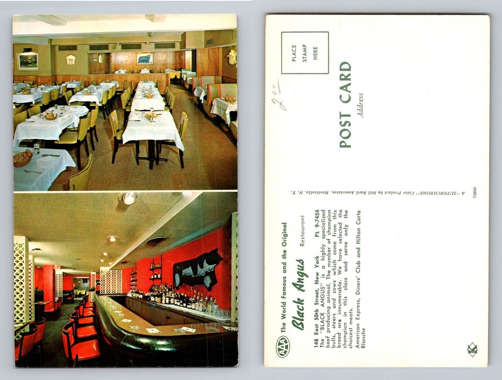 New York City NY, Black Angus Restaurant Dining Room Vintage Postcard
