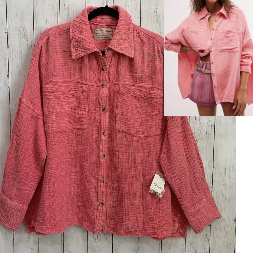 NWT Free People Boho Cardiff Relaxed Oversized Top Pink Rose Size XS Cotton
