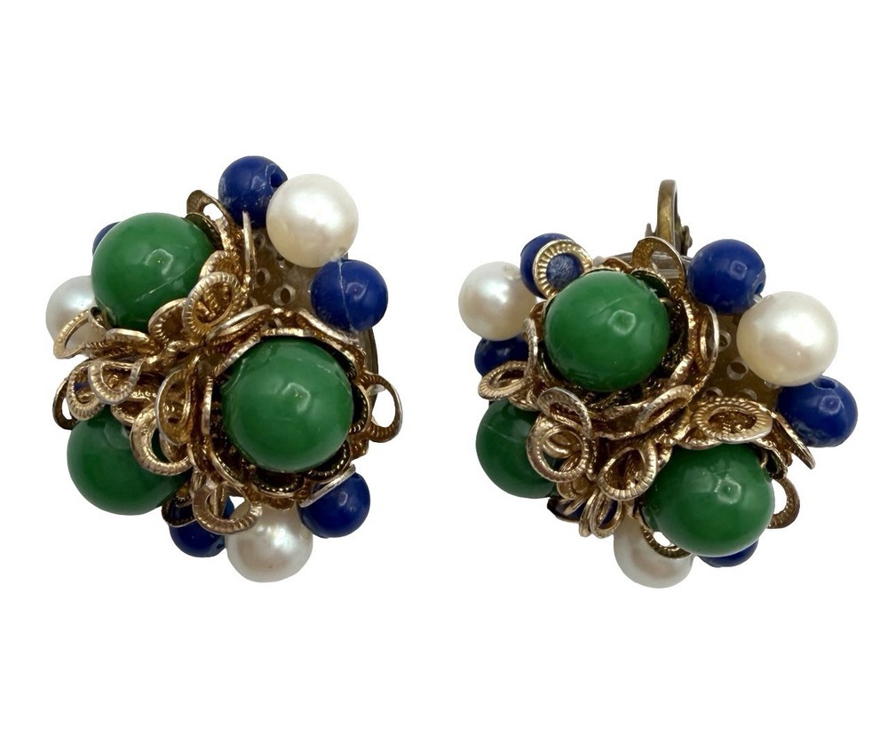 Vintage Jade Green Color Bead Cluster Clip On Earring Gold Tone Faux Pearl Retro