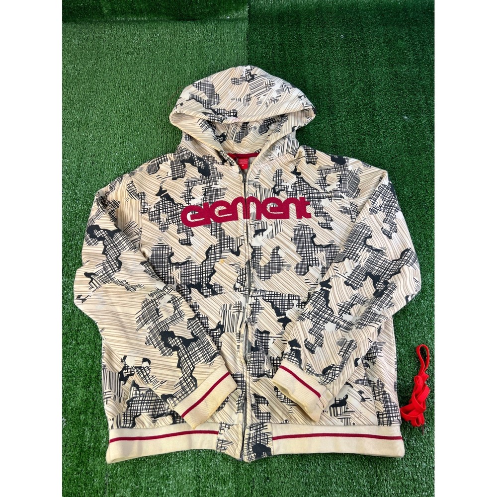 Element Skateboards Y2K Men XL Full Zip Hoodie Abstract Graphic Logo Cream Heavy-image