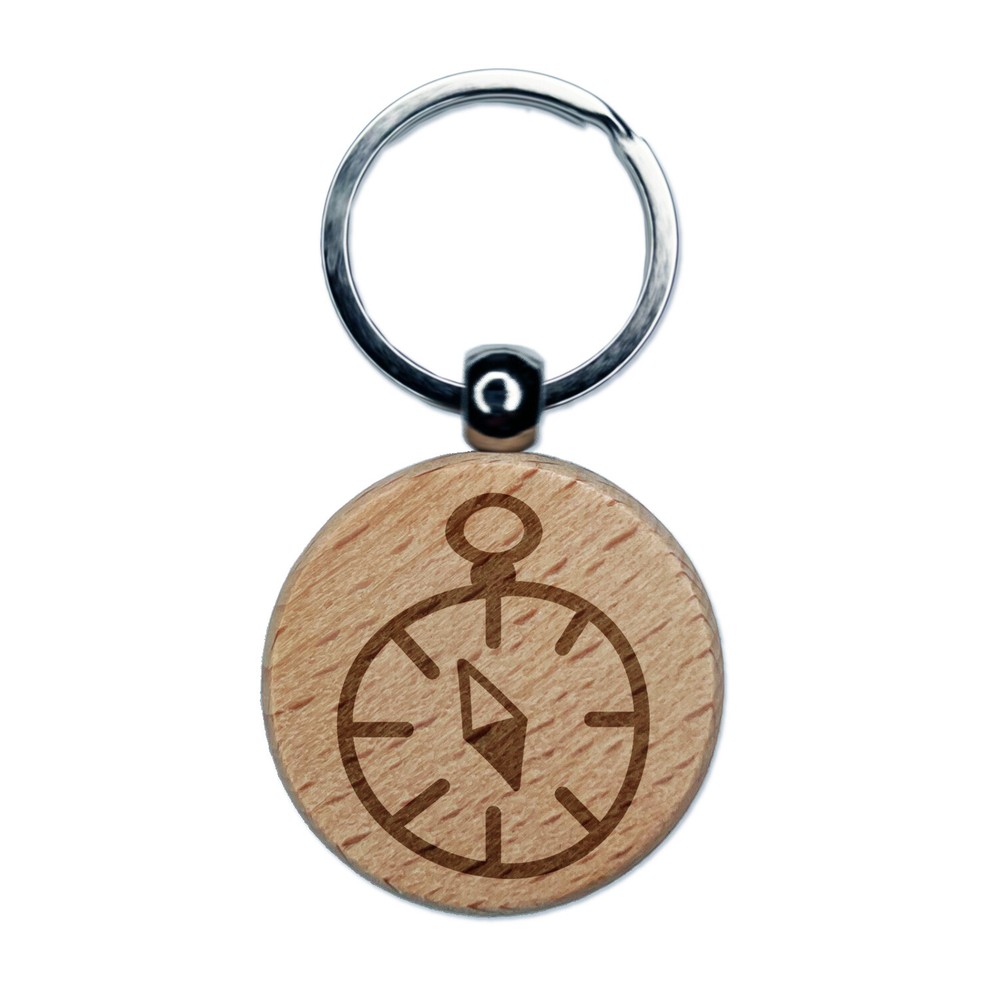 Compass Doodle Engraved Wood Round Keychain Tag Charm