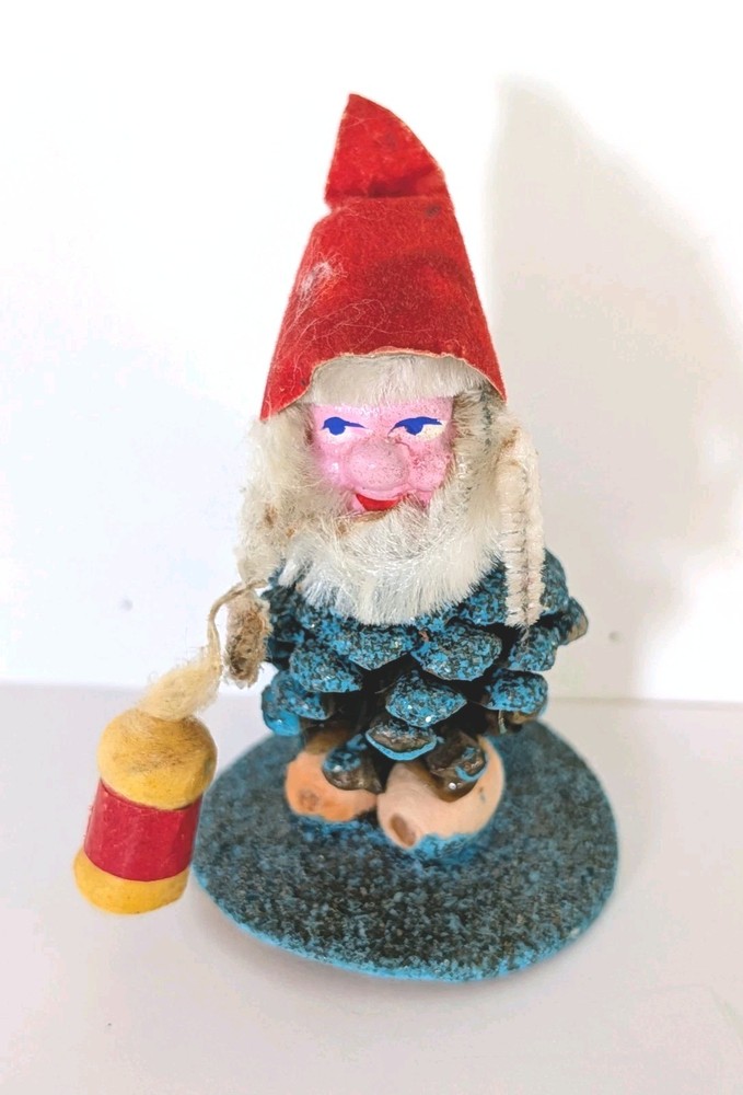 Vintage Christmas Chenille mica Japan Pinecone Elf Gnome Figure W/ Lantern