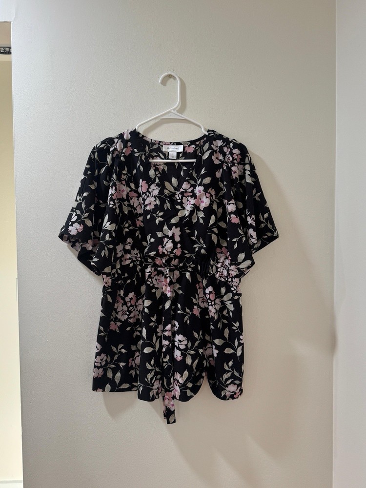 Motherhood Maternity Blouse Floral Print Smocked Neck Top Black Size M