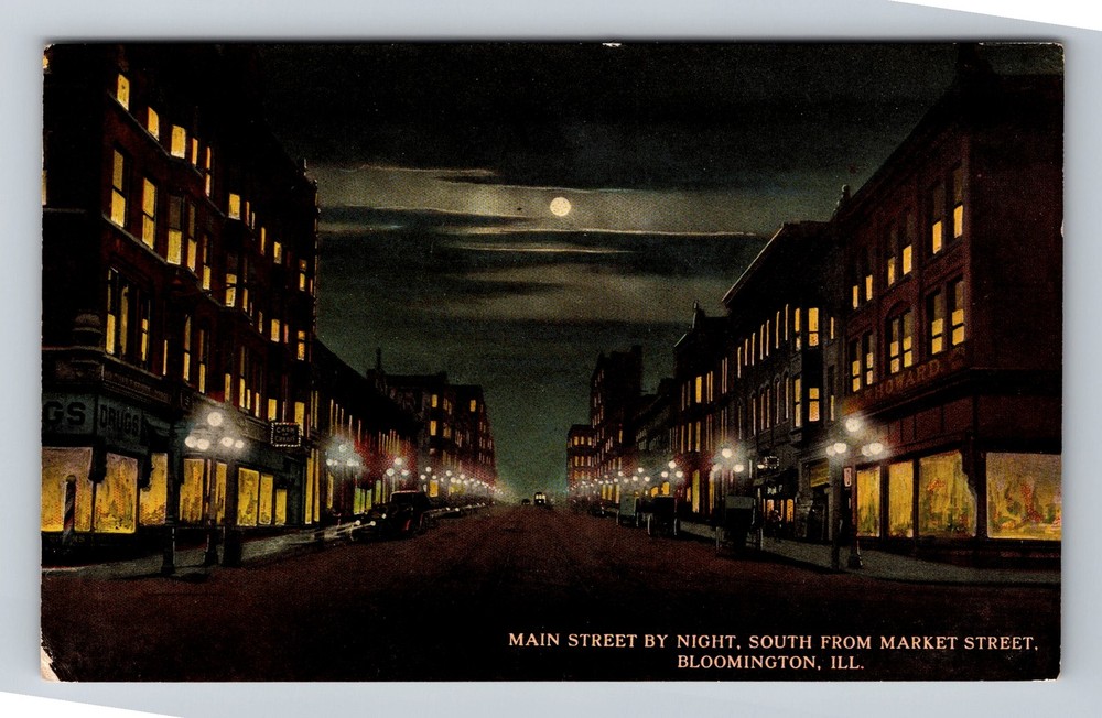 Bloomington IL-Illinois, Main Street By Night, Moonlight, Vintage Postcard