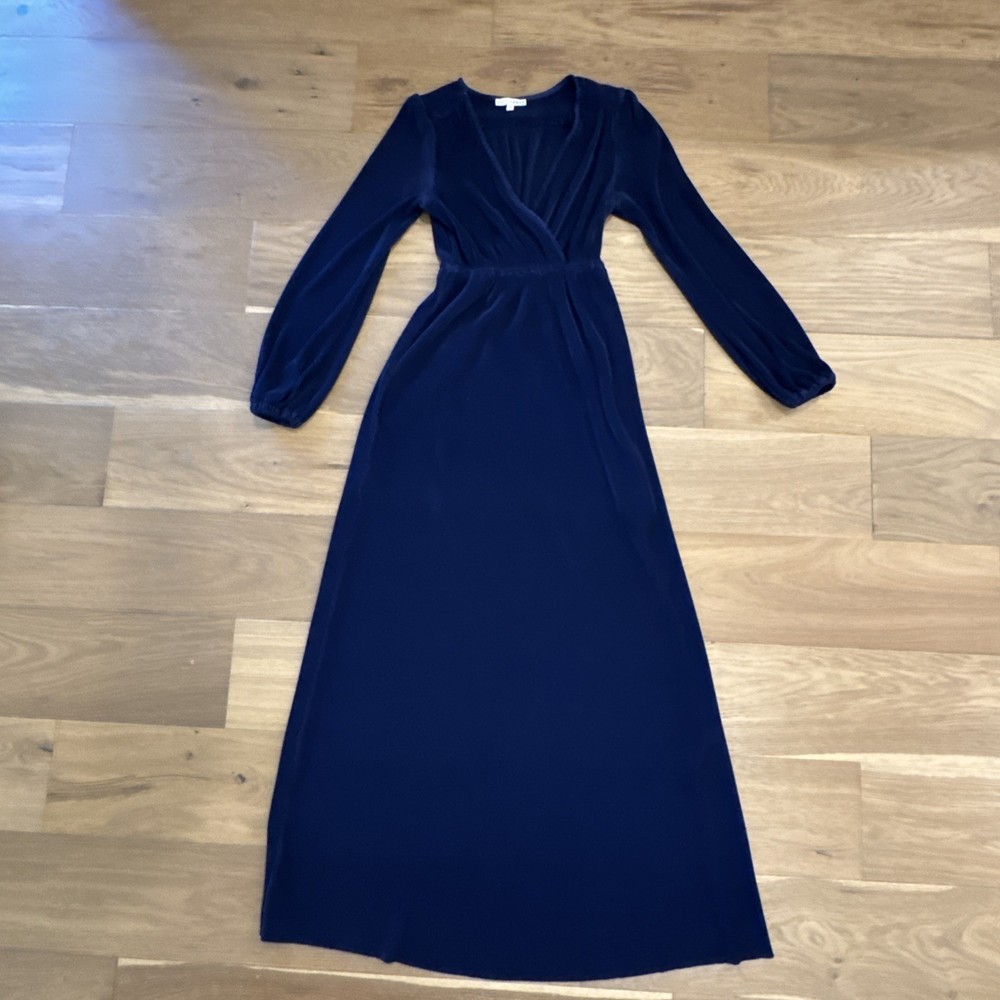 Baltic Born Venus Maxi Dress XS Pleated Long Sleeve Empire Waist Midnight Blue