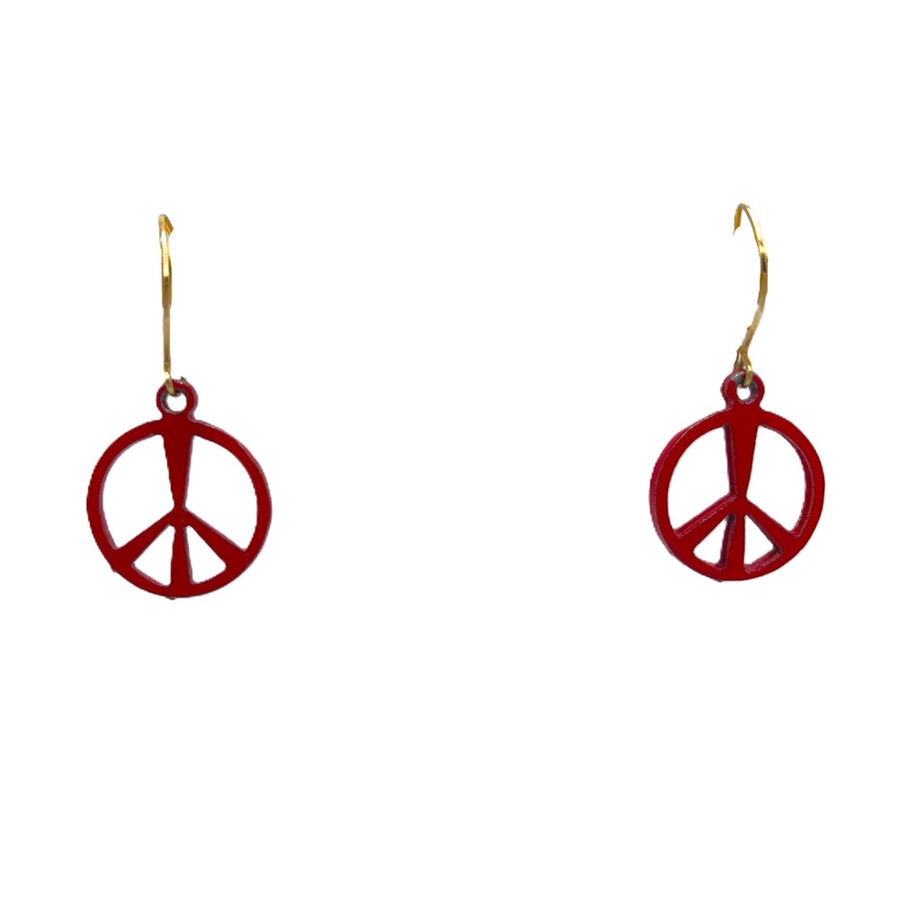 Vintage Peace Sign Earrings Red Metal Dangle Hippie 60s 70s