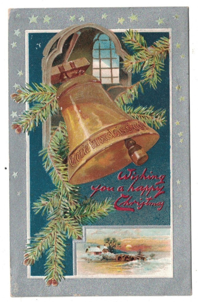 Antique 1909 Gold Bell Rings In The Belfry Pine Boughs Tuck Christmas Postcard