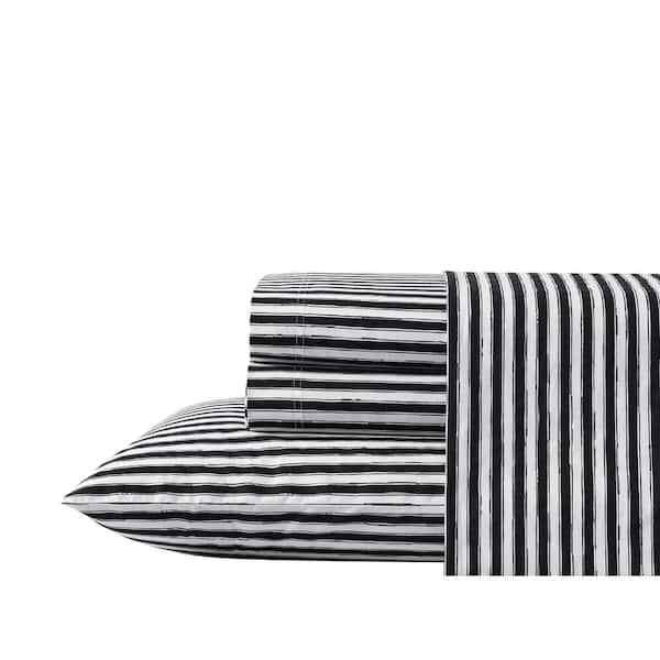 4-piece 200 Thread Count Black White Stripe Cotton King Deep Pocket Sheet Set