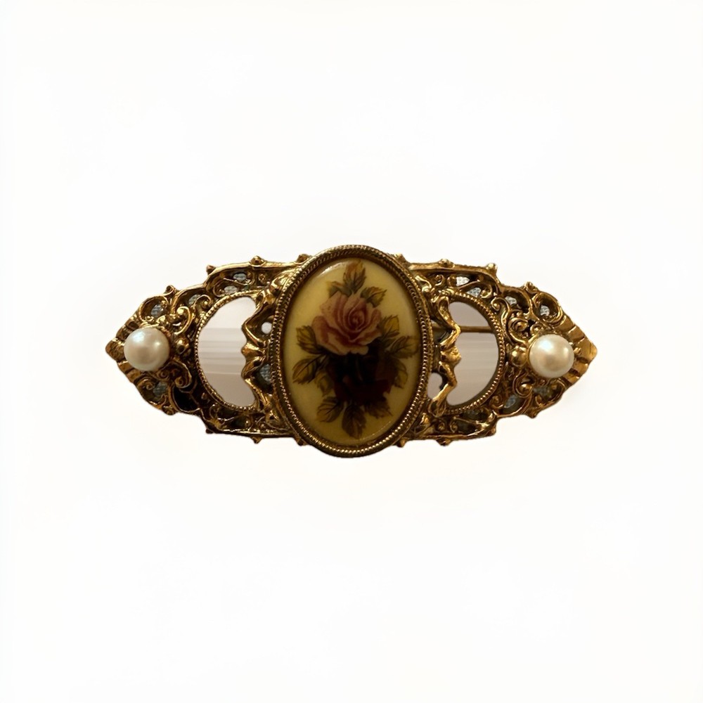 1928 Brand Painted Roses Faux Pearl Gold Tone Brooch Pin Victorian Revival VTG