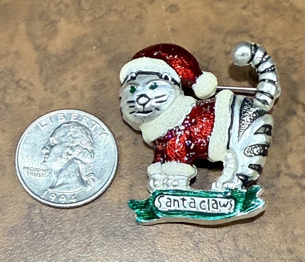 Cat Santa Claws Brooch Silver Tone Enamel Glitter Christmas Holiday X-mas Pin
