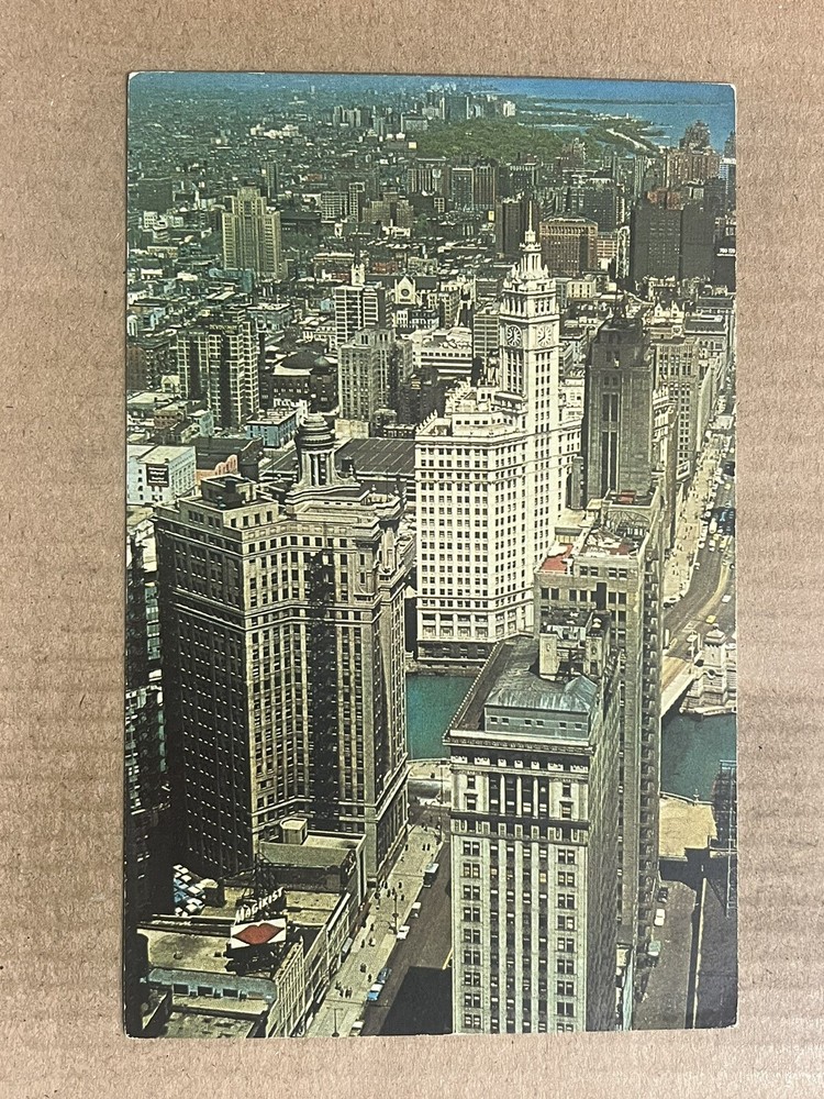 Postcard Chicago IL Illinois Michigan Avenue Aerial View Wrigley Building River