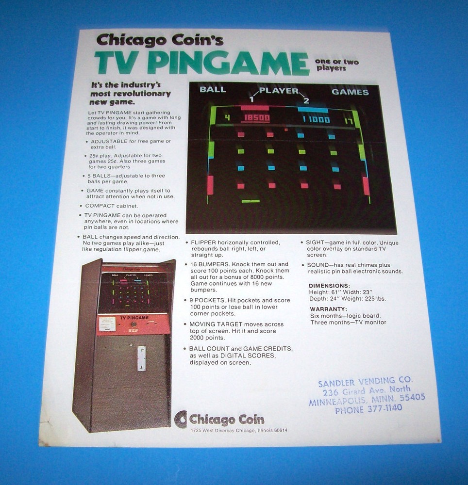 1973 Chicago Coin TV Pingame Original Arcade Flyer Retro Ping Pong
