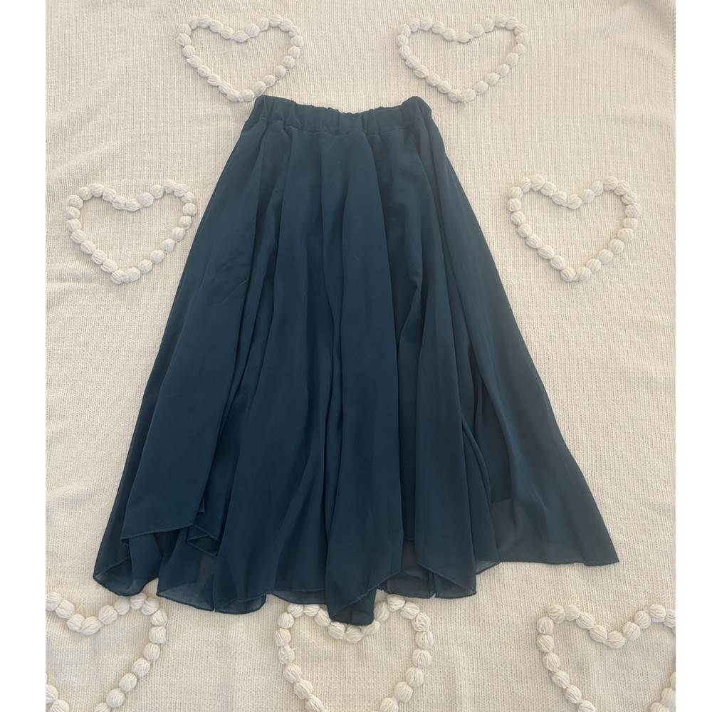 Dark Blue Chiffon Layered A-Line Midi Skirt with Elastic Waist for Women