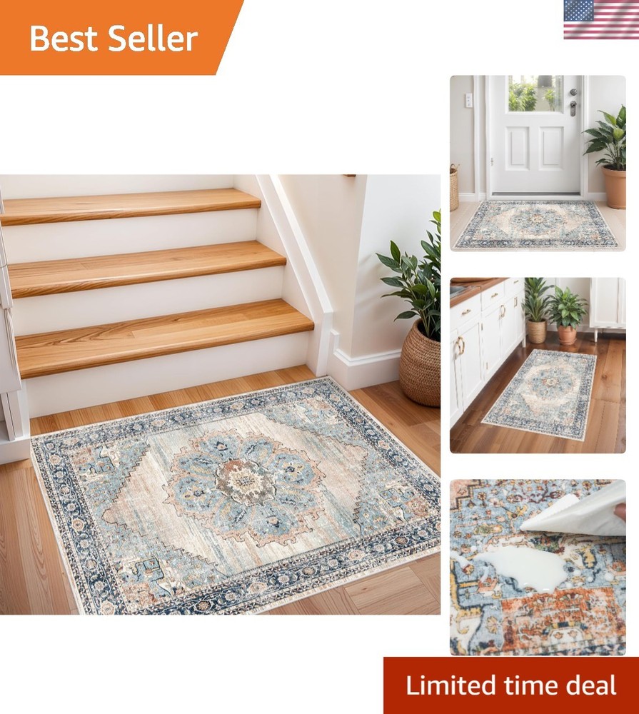 Stylish 2x3 Non-Skid Runner Rug for Living Room and Bedroom - Washable Blue