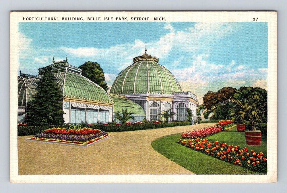 Detroit MI-Michigan, Belle Isle Horticultural Building Vintage c1937 Postcard