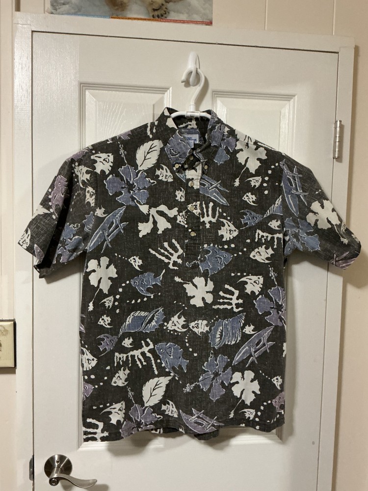 Reyn Spooner Hawaiian Aloha Shirt Large Black Floral Button Down Short Sleeve