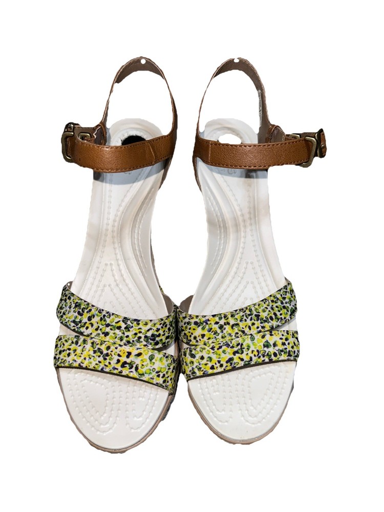 CROCS Womens Brown Yellow Green Leigh II Ankle Strap Wedge Heels Size 9 EUC