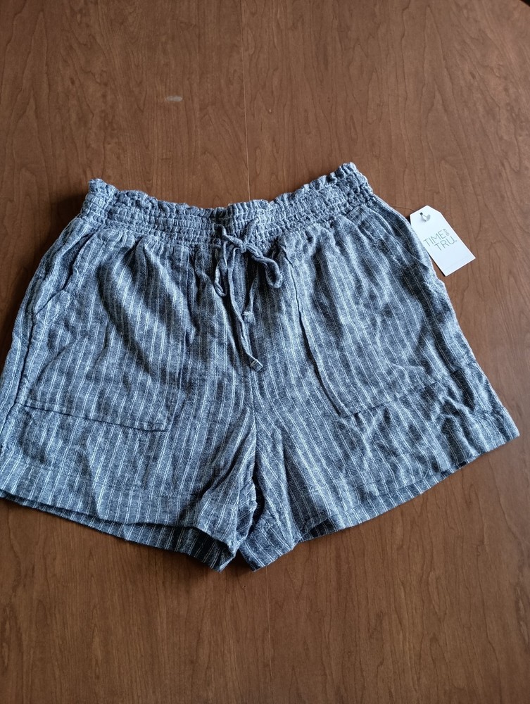 Time And Tru Women's Blue White Relaxed Fit Pull On Shorts Pockets XS (0-2)