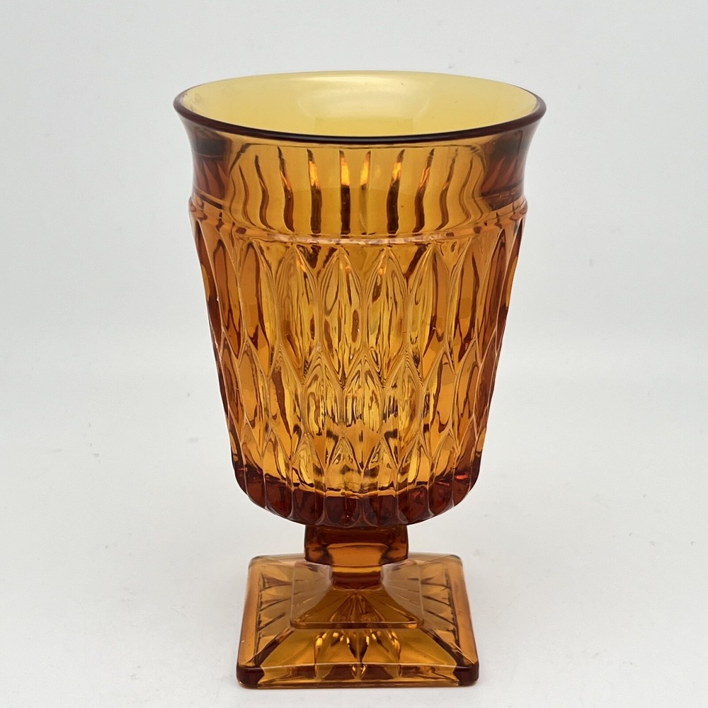 Vintage Indiana Amber Glass Mt. Vernon Water Footed Goblet Glass Square Base
