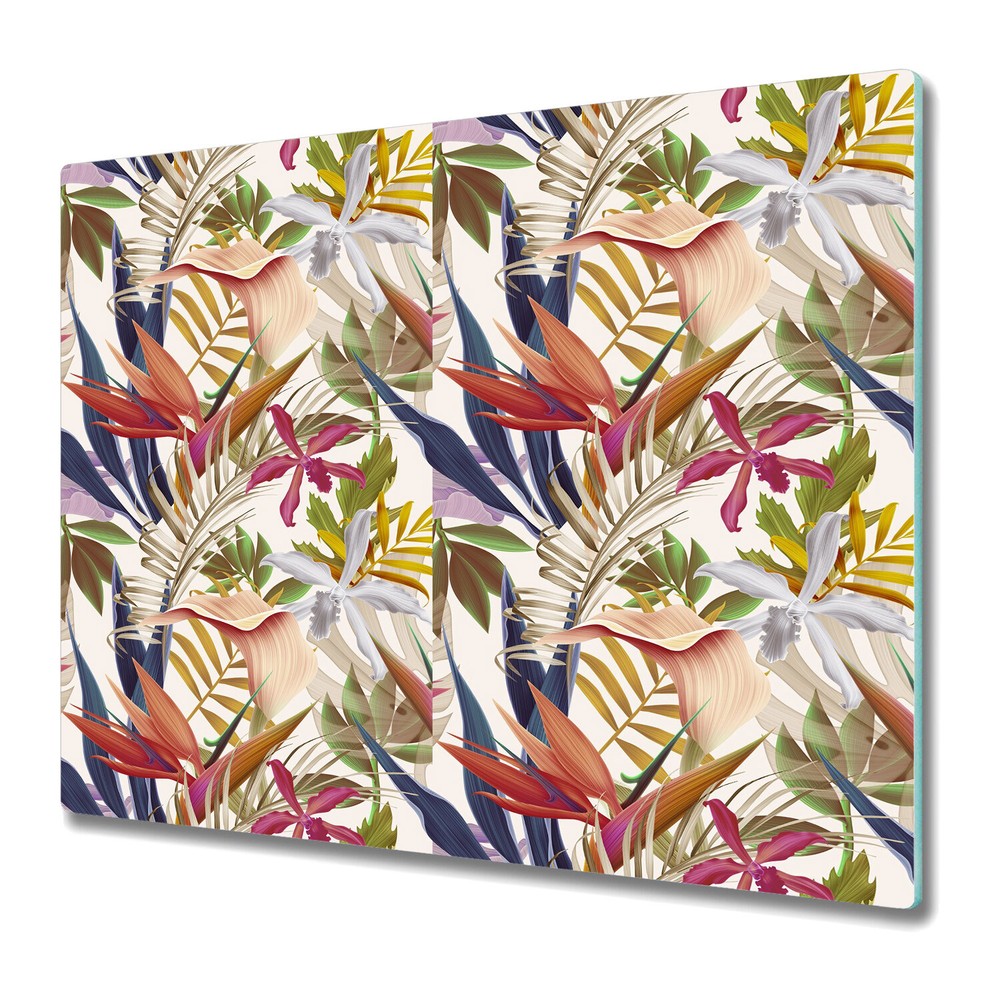 Tempered Glass Chopping Cutting Board Colourful Exotic Leaves Tropical 60x52