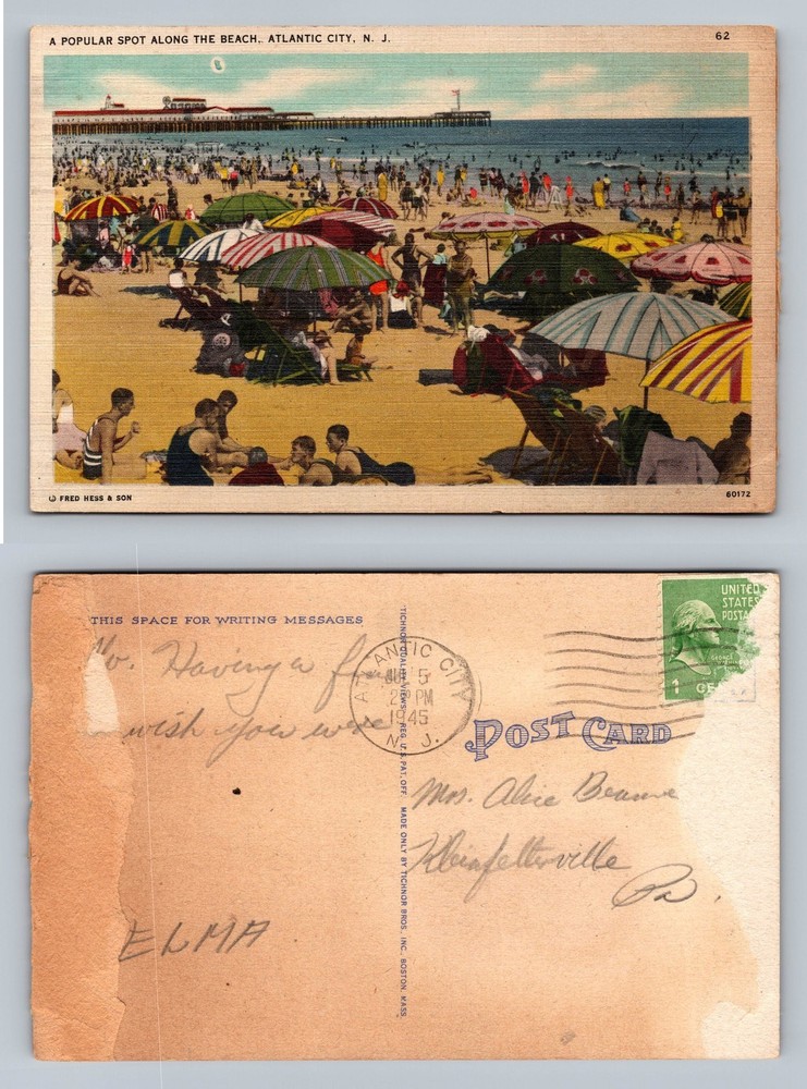 Atlantic City, NJ-New Jersey Beach Umbrellas Scene View Post PC Vintage Postcard