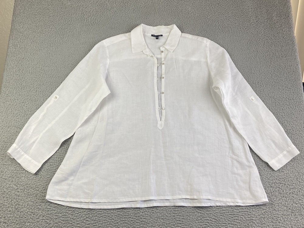 EILEEN FISHER Blouse Shirt Tunic Top Roll-Tab Button-Up White 100% Irish Linen