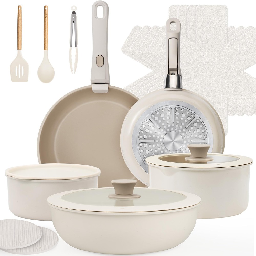 20-Piece Ceramic Nonstick Cookware Set with Removable Handles
