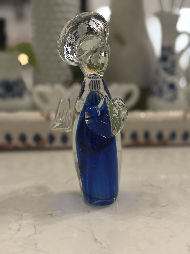 Vtg Murano Art Glass Praying Heart Angel Cobalt Blue  Glass Figurine Hand Blown