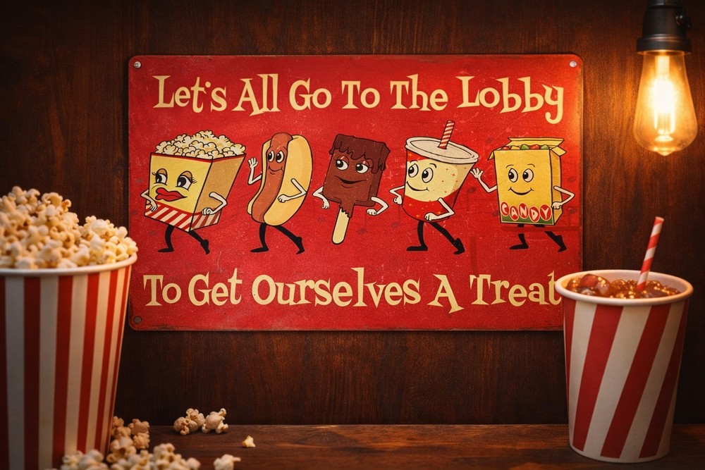 Movie Theater Lobby Sign Metal Tin “Let’s All Go To The Lobby” 12