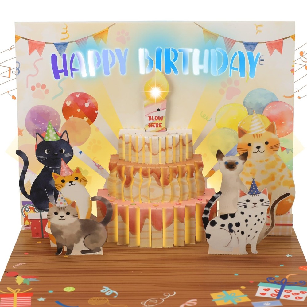 Musical Birthday Cards, Funny Pop Up Cat Birthday Card with Colourful Lights,...