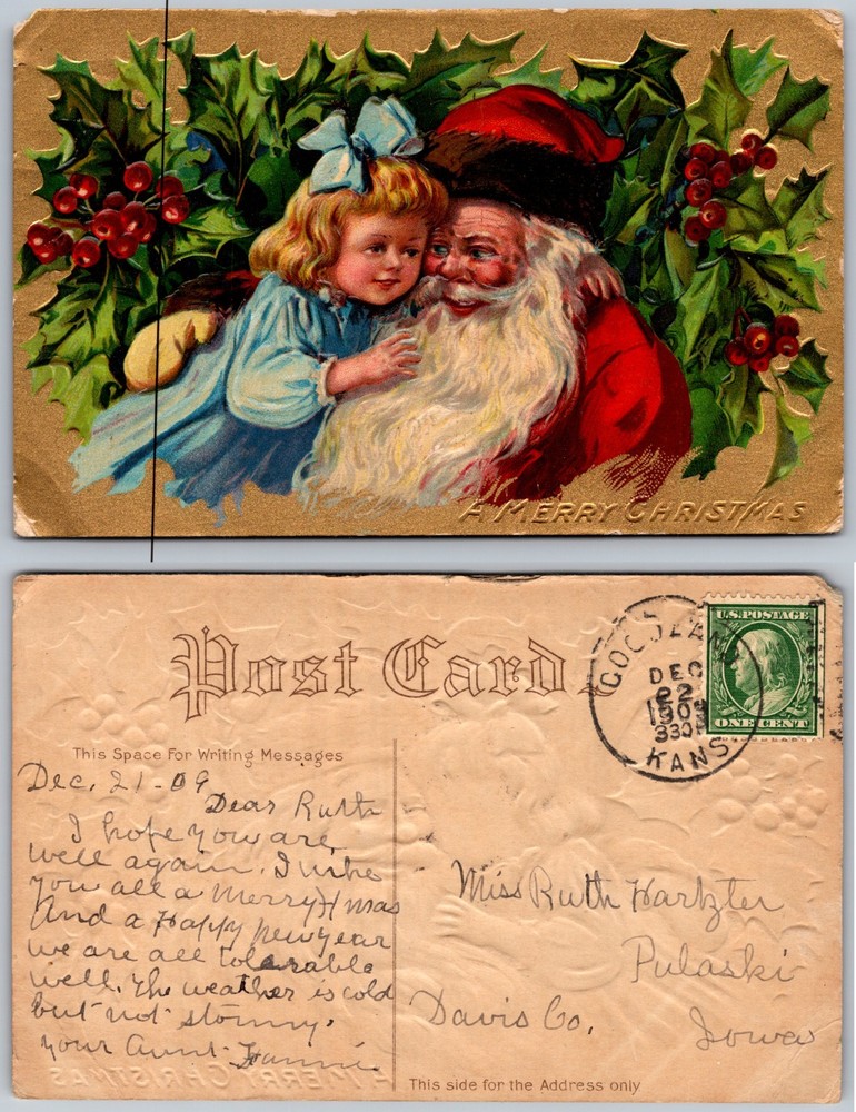 Christmas Santa Claus Girl Holly Postcard