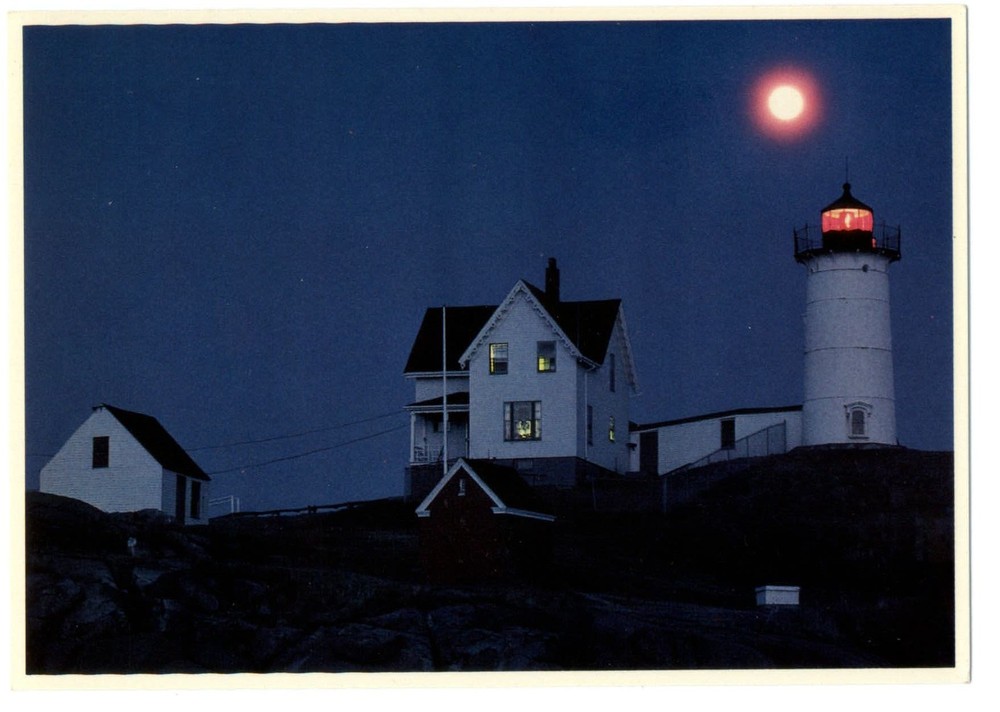 Nubble Lighthouse York Beach York Maine at night full moon ~ postcard sku303