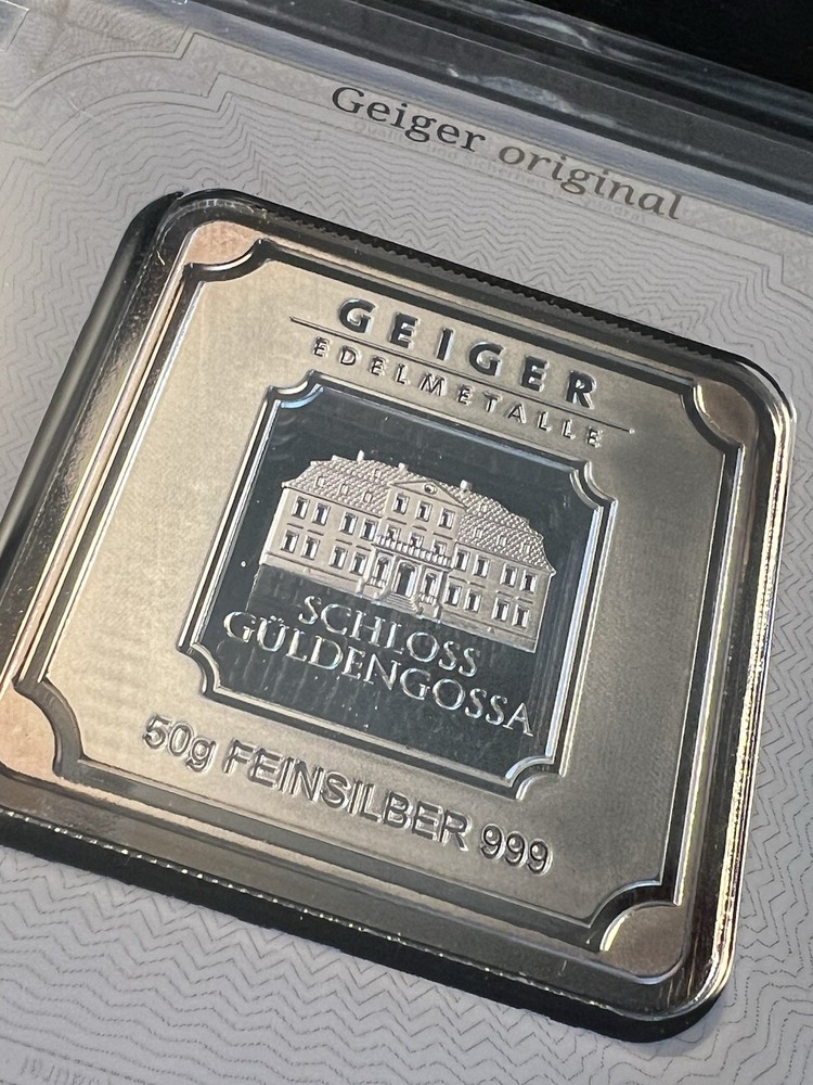Geiger Edelmetalle 50 Gram .999 Fine Silver Original Square in Assay with COA