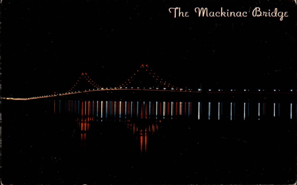 Michigan Mackinac Bridge at night illuminated reflection ~ 1950-60s postcard