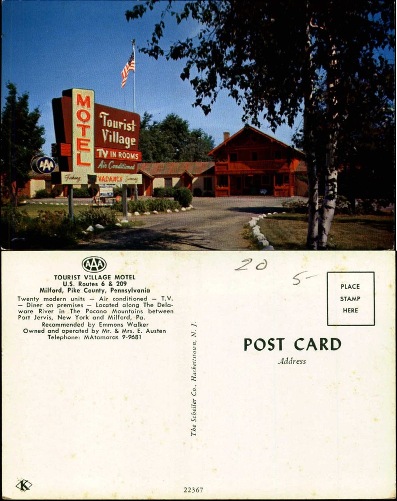 Tourist Village Motel front entrance Milford Pennsylvania ~ unused postcard